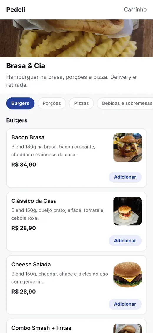 Cardápio digital de uma hamburgueria no celular